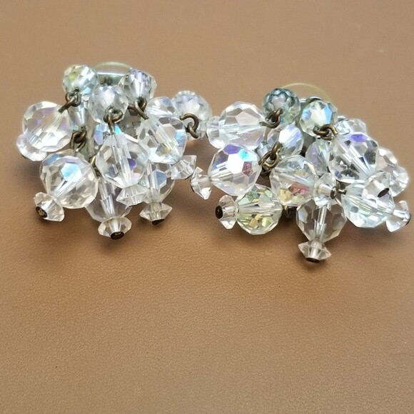Vintage Aurora Borealis Earrings – Crystal Cluster Dangle - Picture 2 of 6